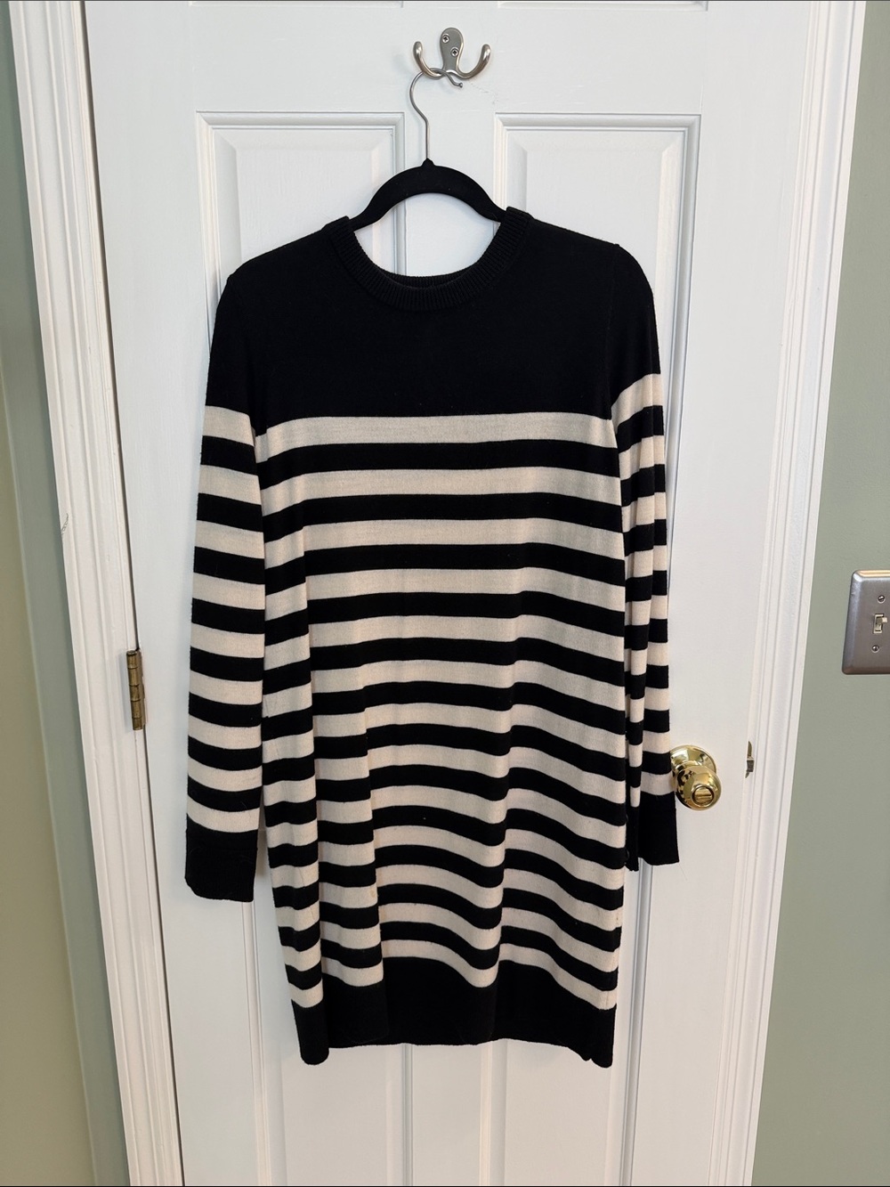 rag & bone Black and Cream Striped Crewneck Sweater Dress